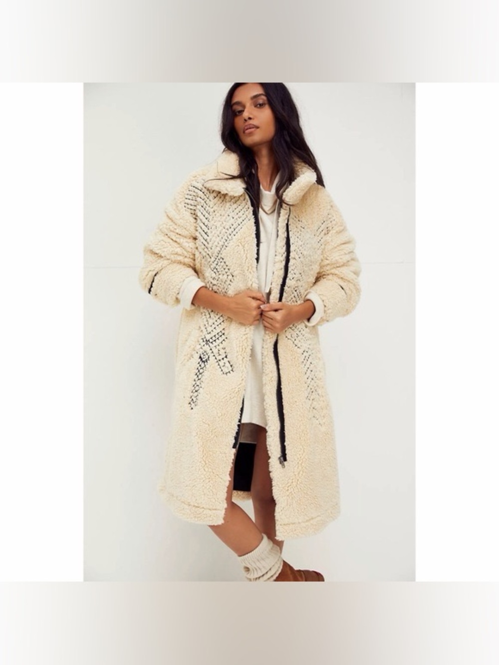 Free People Coat Womens Small Avery Teddy Bear Sherpa Oatmeal Embroidered New
